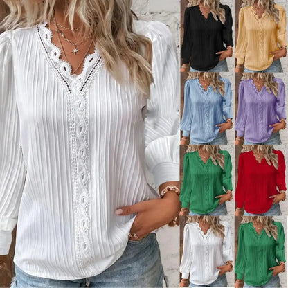 Women's Long Sleeve Blouse | Lace Trim V-Neck