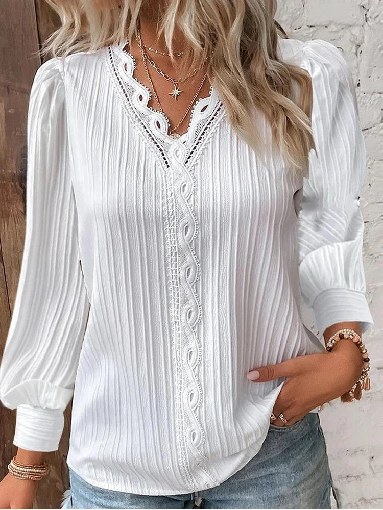 Women's Long Sleeve Blouse | Lace Trim V-Neck