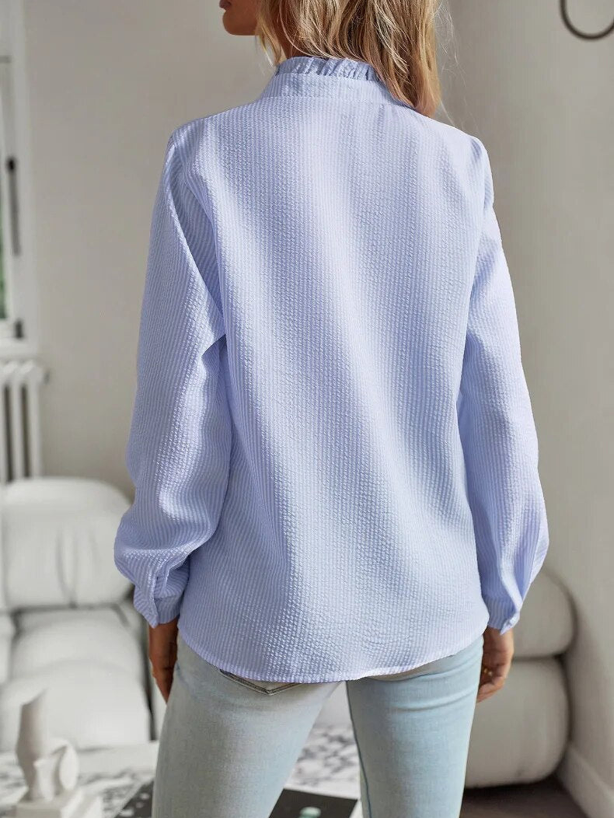 Women's Long Sleeve Blouse | Ruffle Front Button