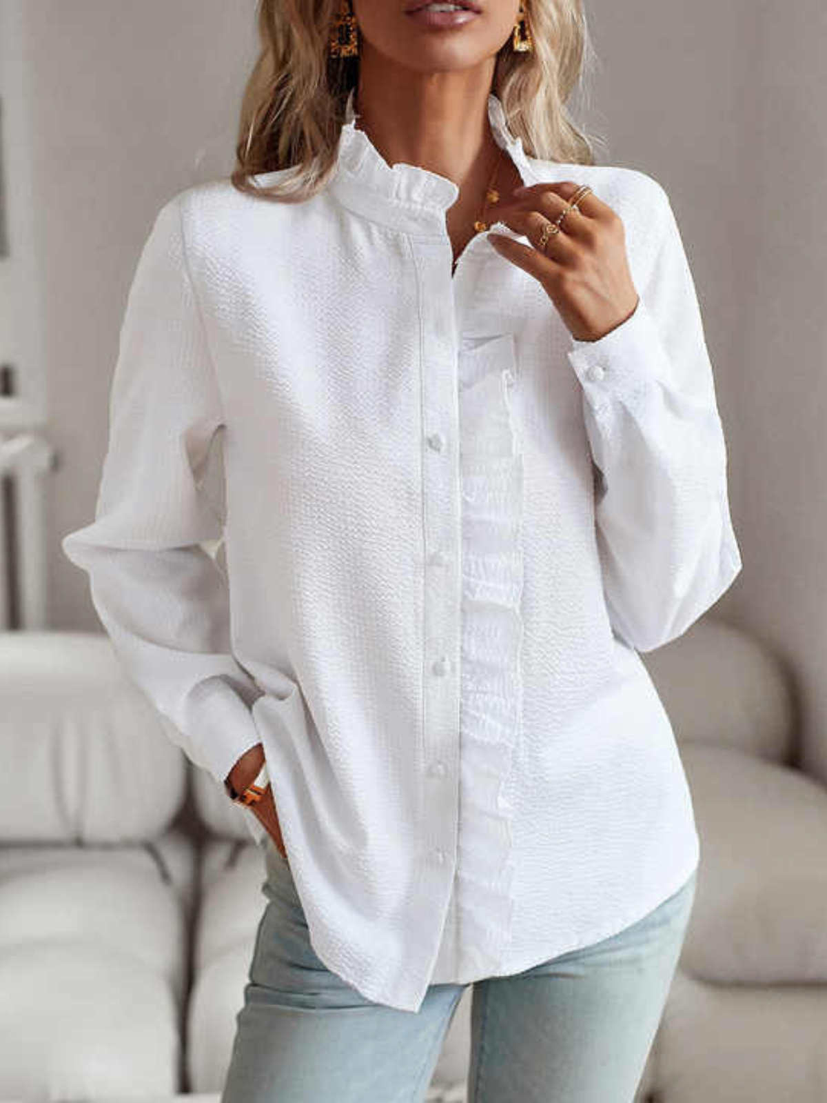 Women's Long Sleeve Blouse | Ruffle Front Button
