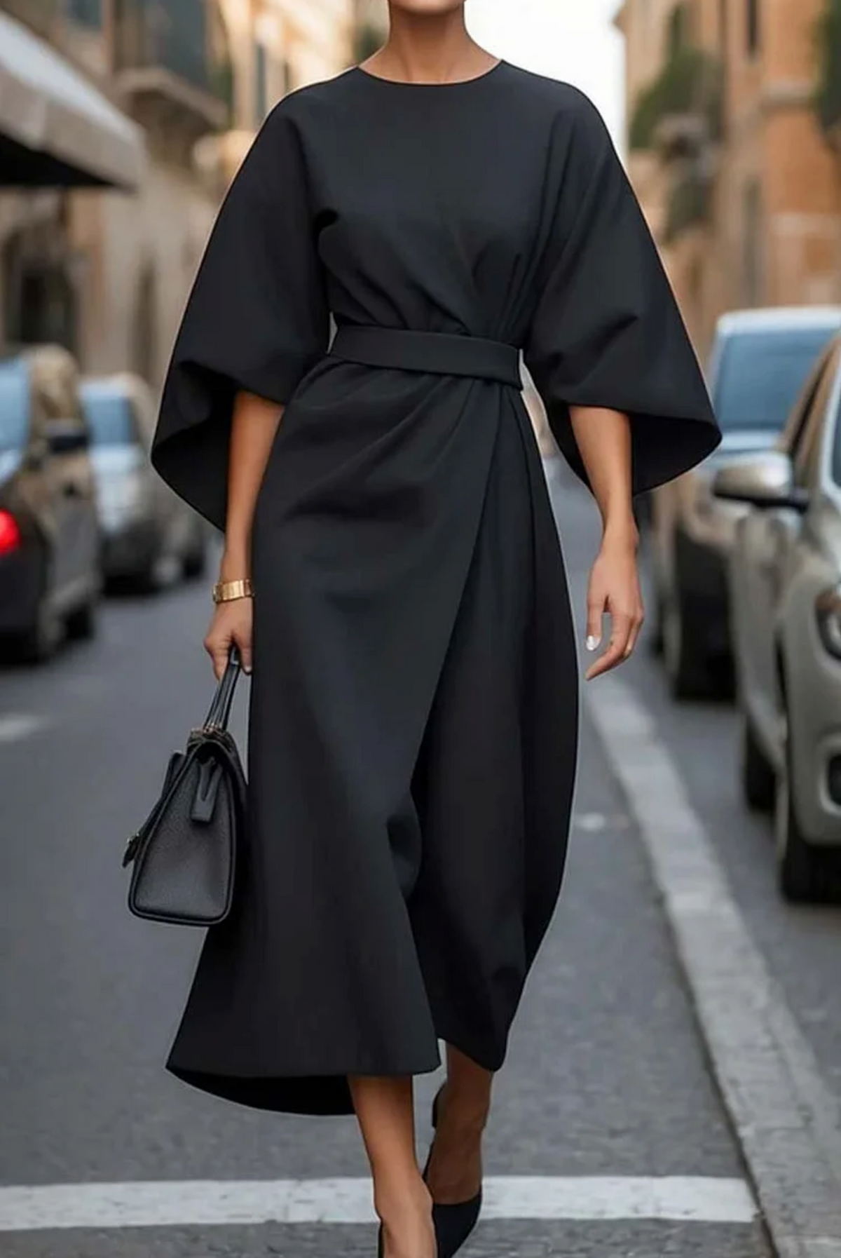 Women's Long Sleeve Dress | Belted Waist & Draped Midi