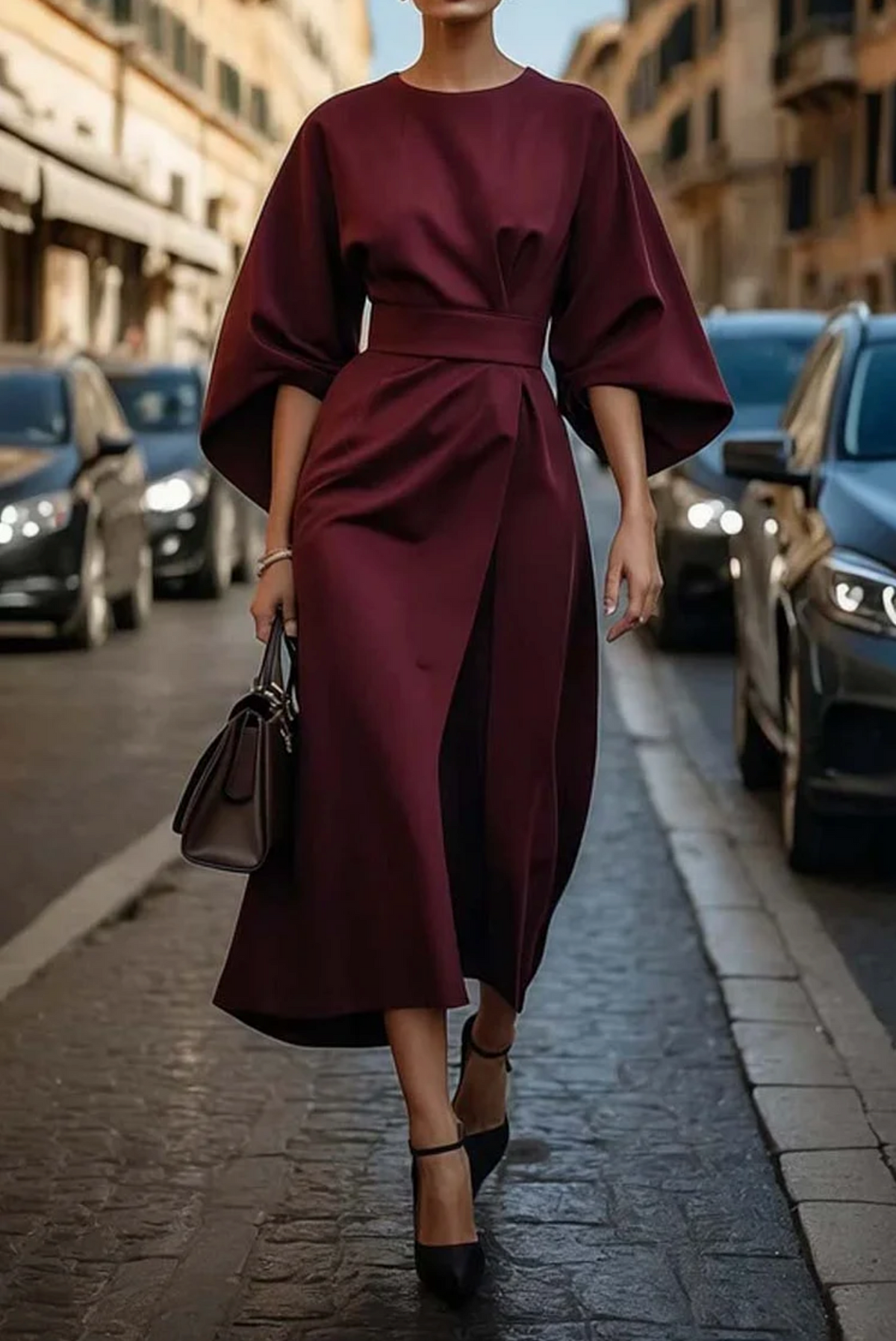 Women's Long Sleeve Dress | Belted Waist & Draped Midi