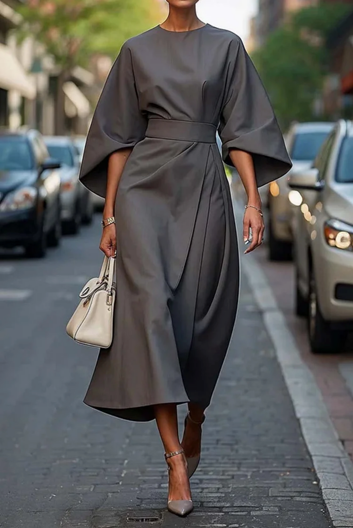 Women's Long Sleeve Dress | Belted Waist & Draped Midi