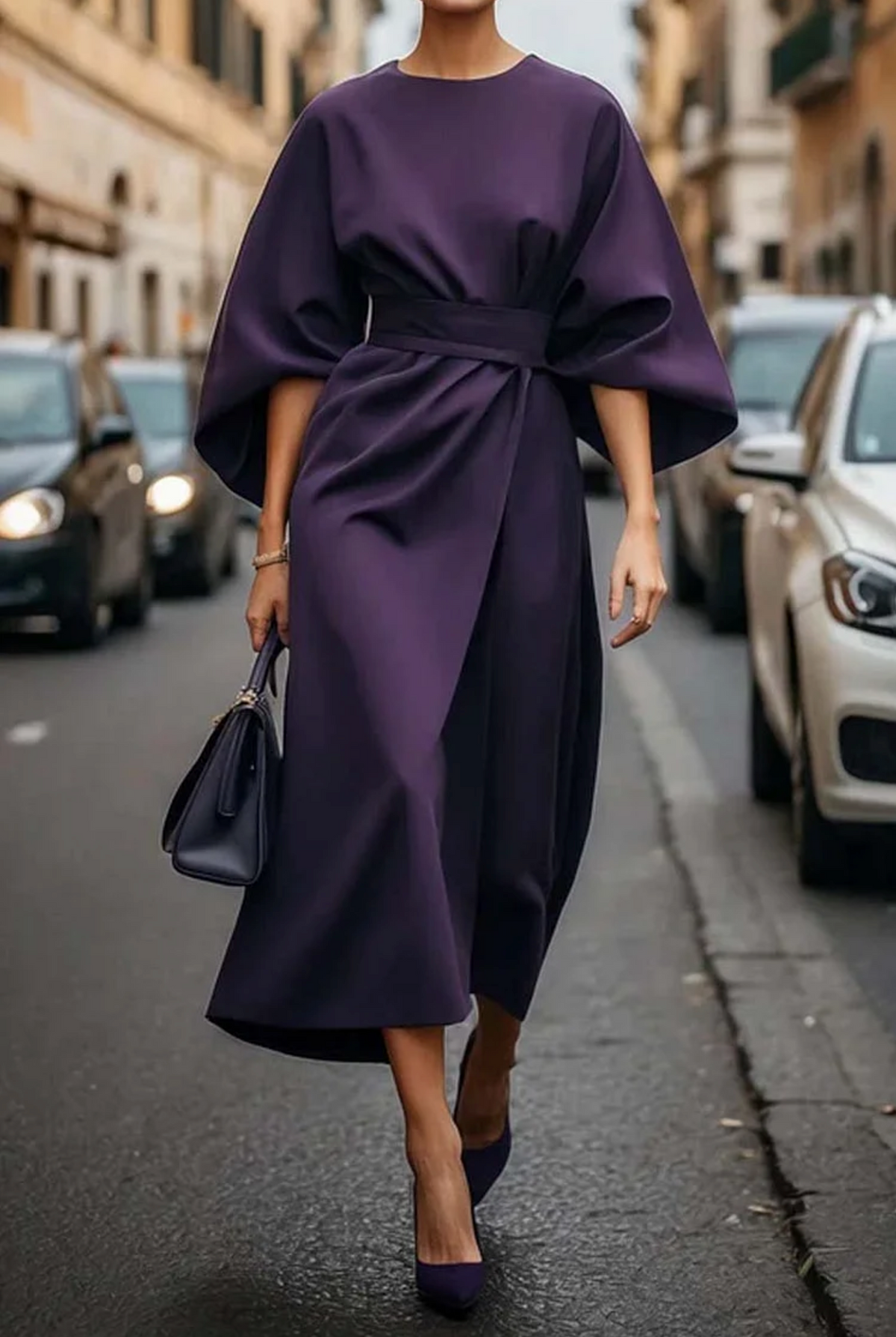 Women's Long Sleeve Dress | Belted Waist & Draped Midi