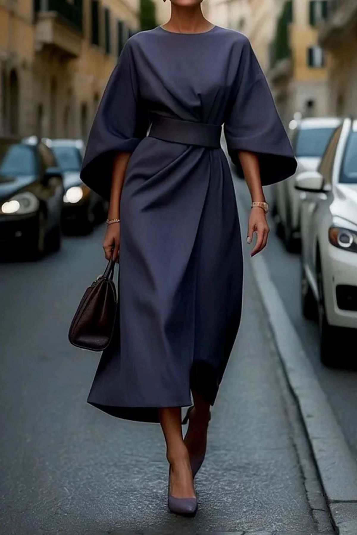 Women's Long Sleeve Dress | Belted Waist & Draped Midi