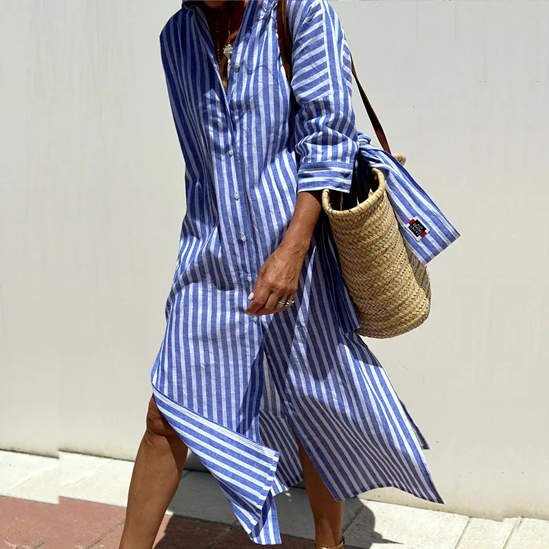 Women's Long Sleeve Dress | Button Down & Side Split