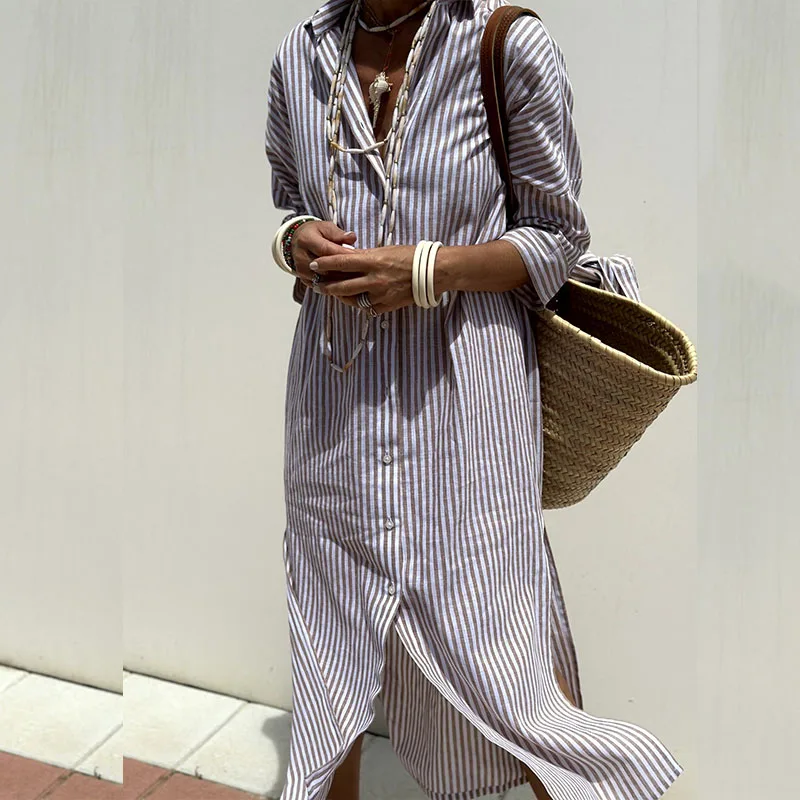 Women's Long Sleeve Dress | Button Down & Side Split