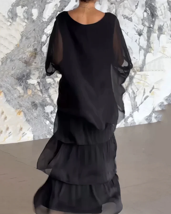 Women's Long Sleeve Dress | Colour Block & Tiered Maxi