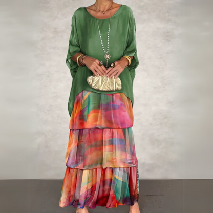 Women's Long Sleeve Dress | Colour Block & Tiered Maxi