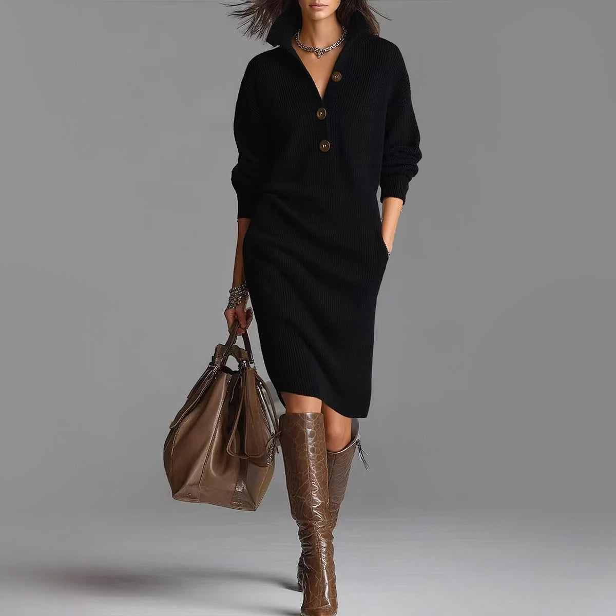 Women's Long Sleeve Dress | Ribbed & Collared Midi