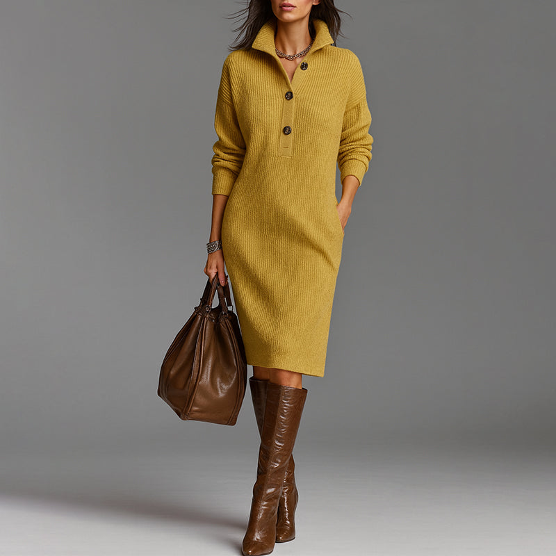 Women's Long Sleeve Dress | Ribbed & Collared Midi
