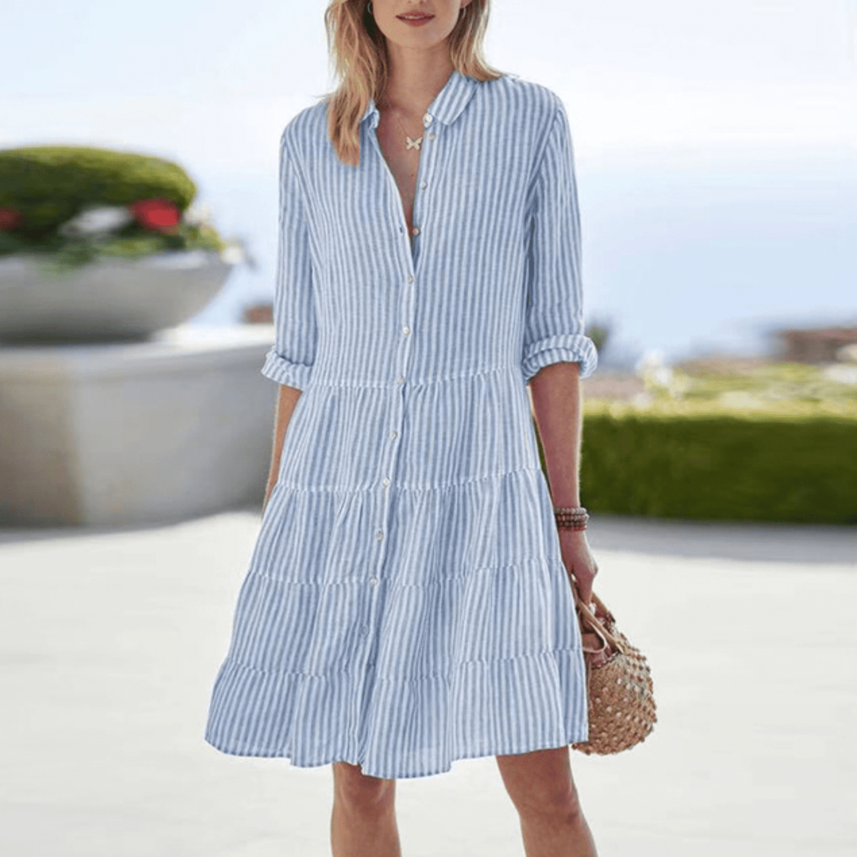 Women's Long Sleeve Dress | Tiered Hem & Button Down