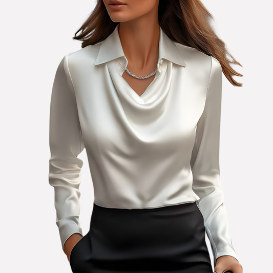 Women's Long Sleeve Top | Draped Collar & Satin Finish