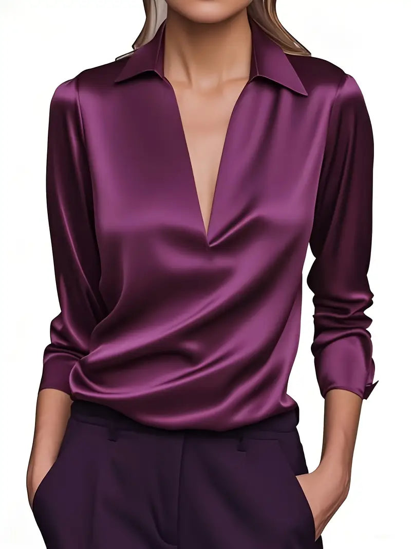 Women's Long Sleeve Top | Draped Collar & V-Neck