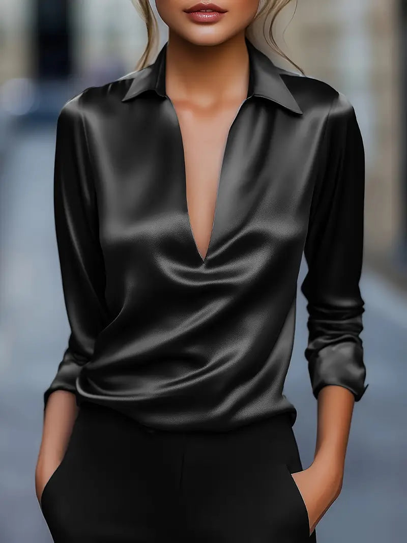 Women's Long Sleeve Top | Draped Collar & V-Neck