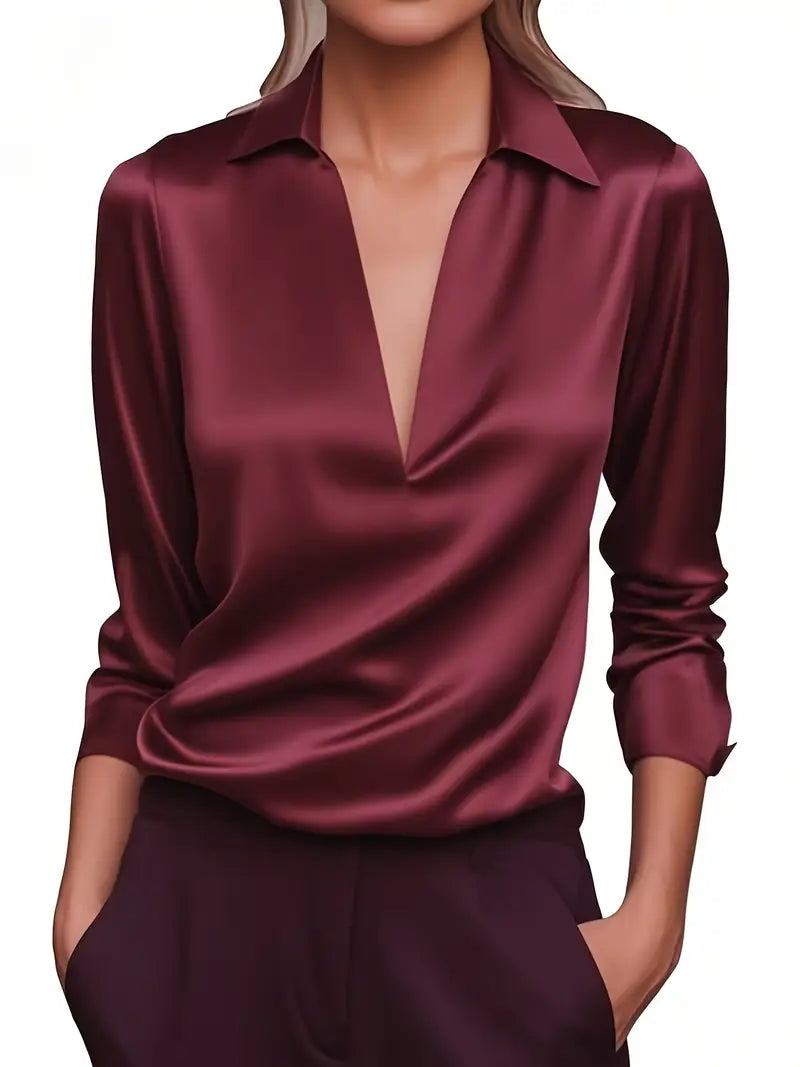 Women's Long Sleeve Top | Draped Collar & V-Neck