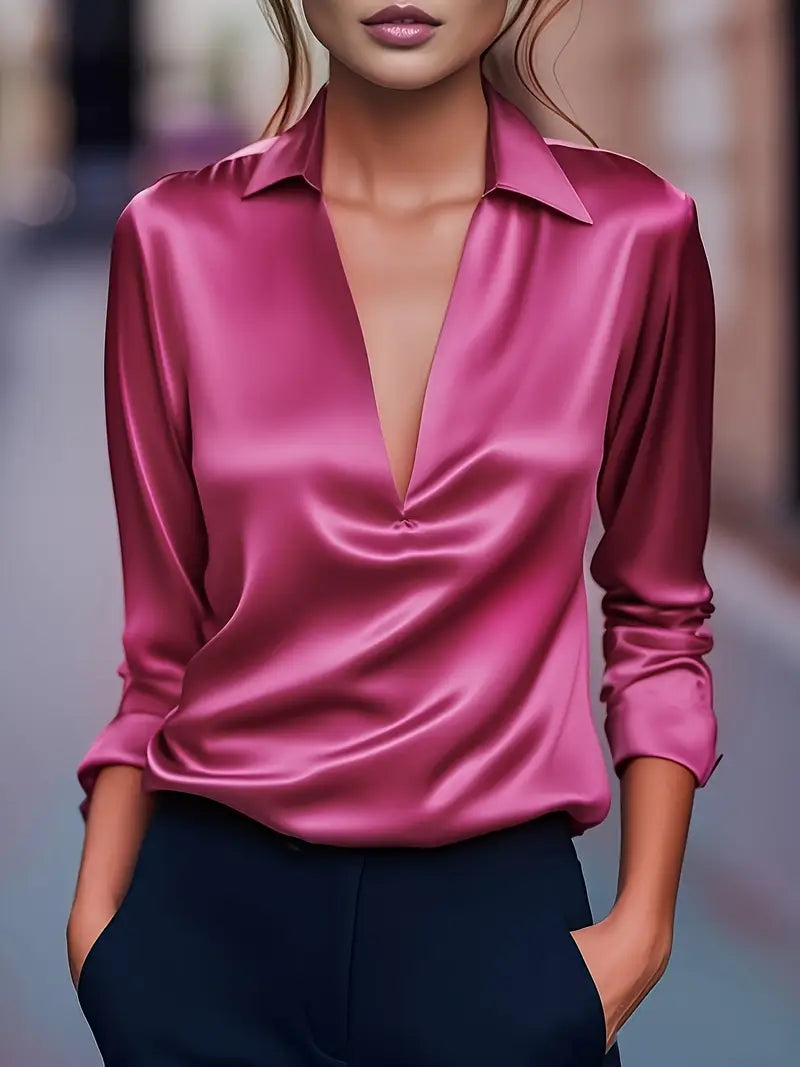 Women's Long Sleeve Top | Draped Collar & V-Neck