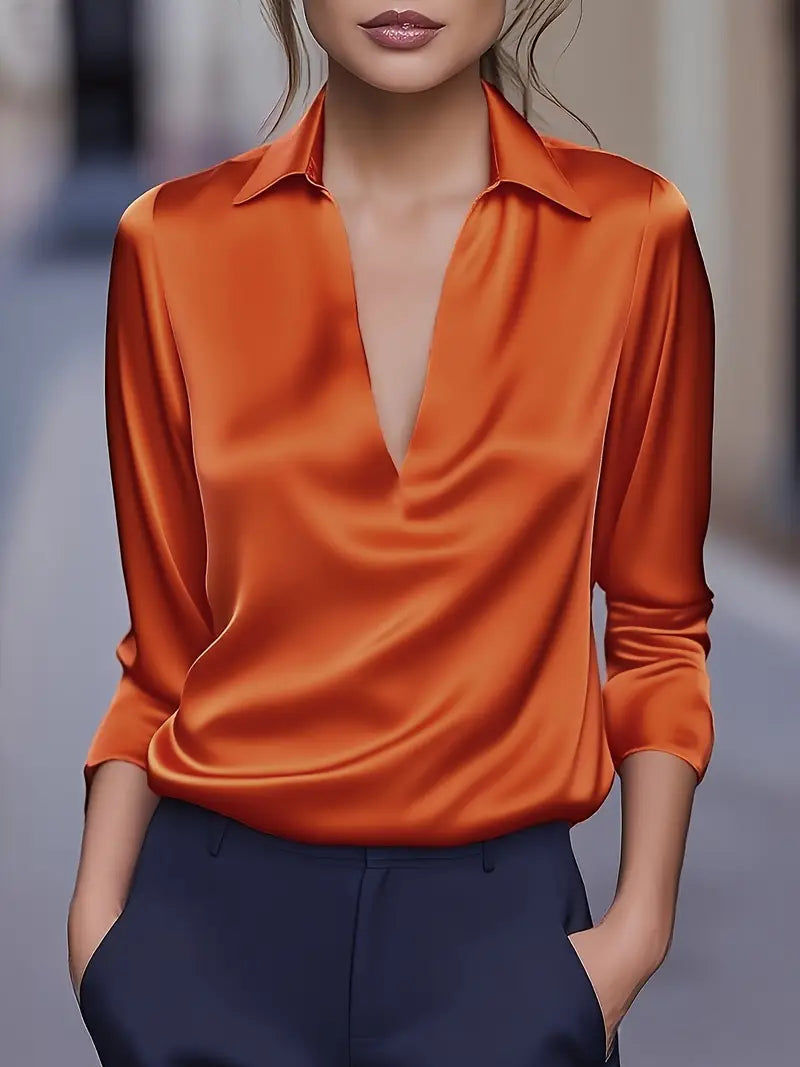 Women's Long Sleeve Top | Draped Collar & V-Neck