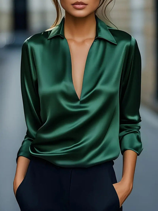 Women's Long Sleeve Top | Draped Collar & V-Neck