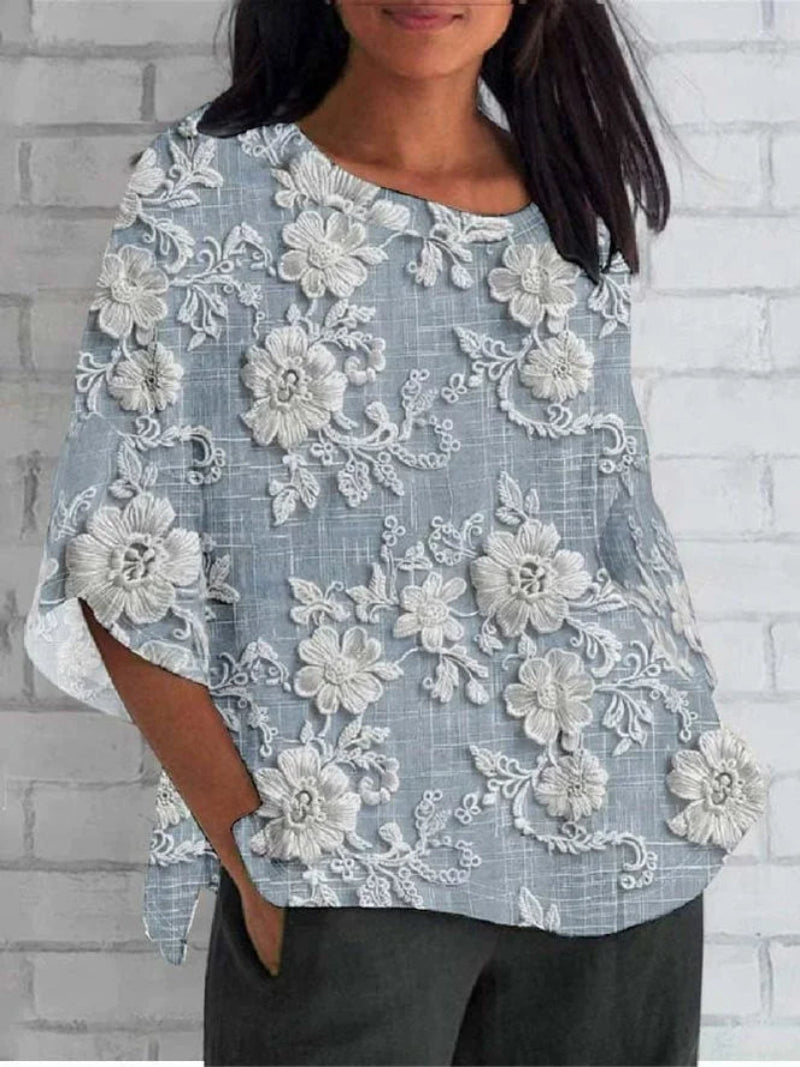 Women's Long Sleeve Top | Floral Embroidery & Split Cuff