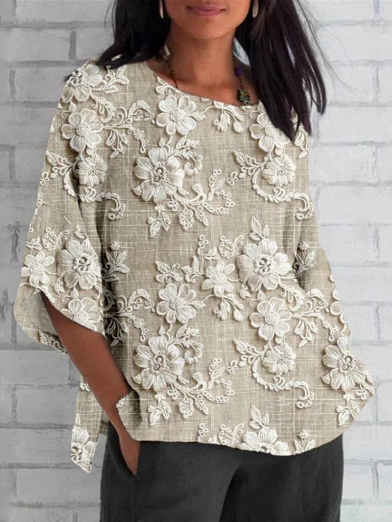 Women's Long Sleeve Top | Floral Embroidery & Split Cuff