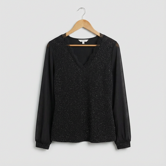 Women's Long Sleeve Top V Neck Shimmer Soft Regular Fit with Drape
