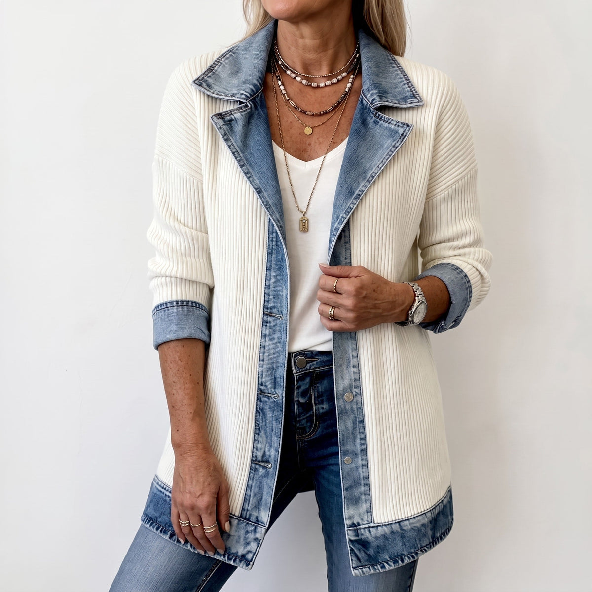 Women's Longline Blazer Jacket Relaxed Fit Contrast Collar