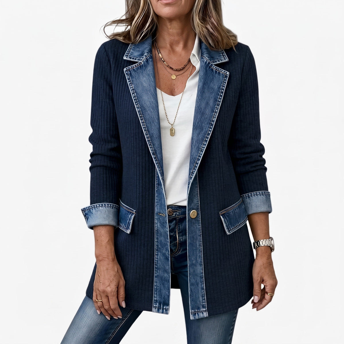 Women's Longline Blazer Jacket Relaxed Fit Contrast Collar