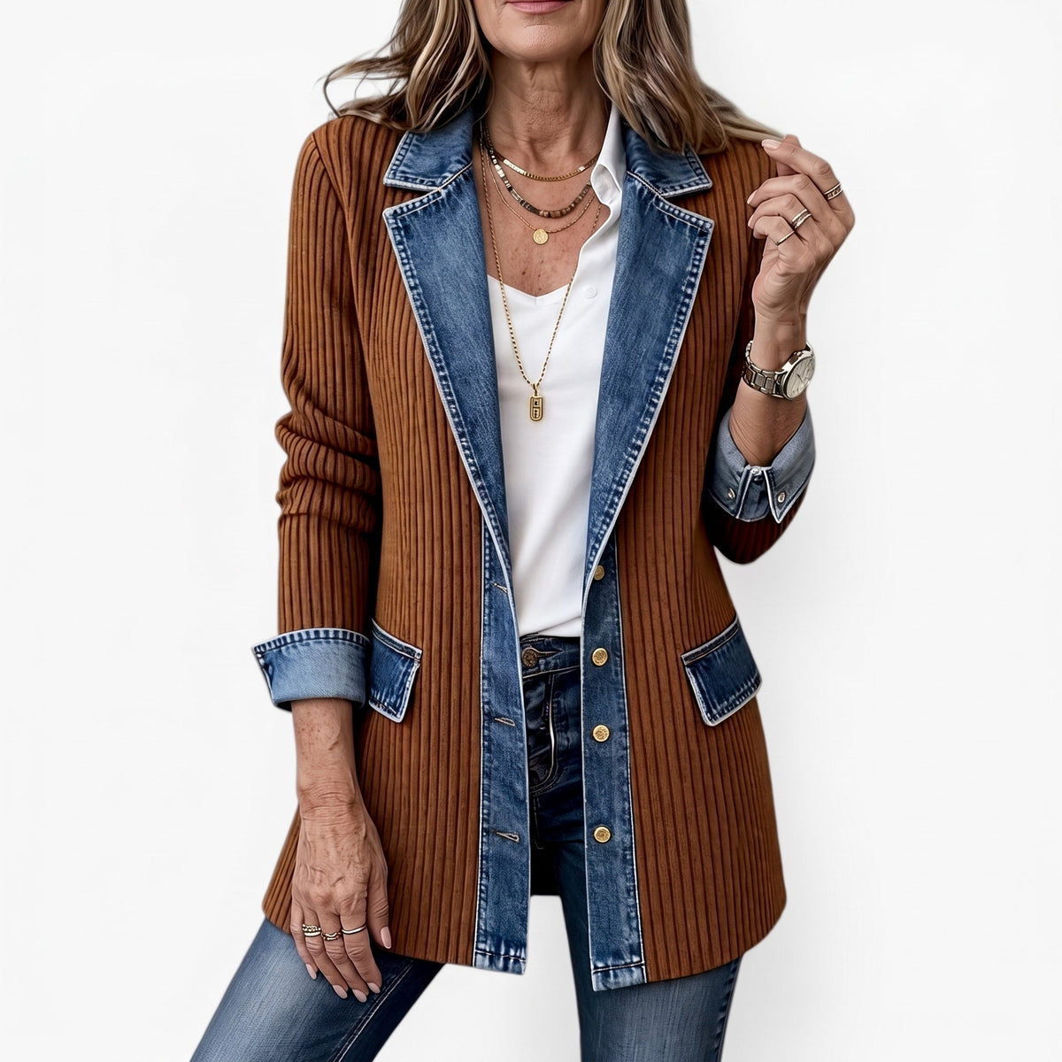 Women's Longline Blazer Jacket Relaxed Fit Contrast Collar