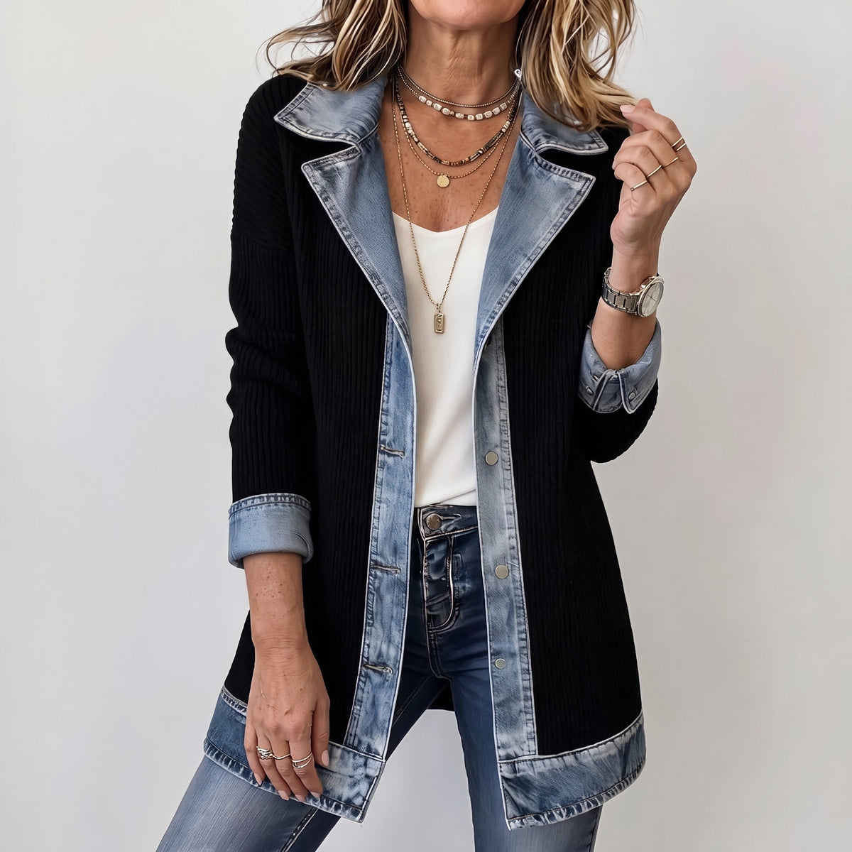 Women's Longline Blazer Jacket Relaxed Fit Contrast Collar