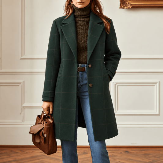 Women's Longline Check Coat Tailored Lapel Collar Winter