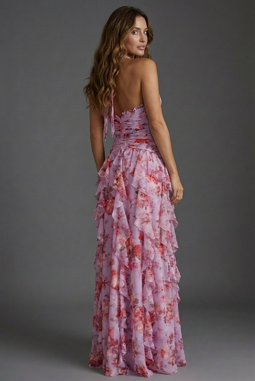Women's Maxi Wedding Guest Dress | Floral Halterneck & Ruffle Skirt