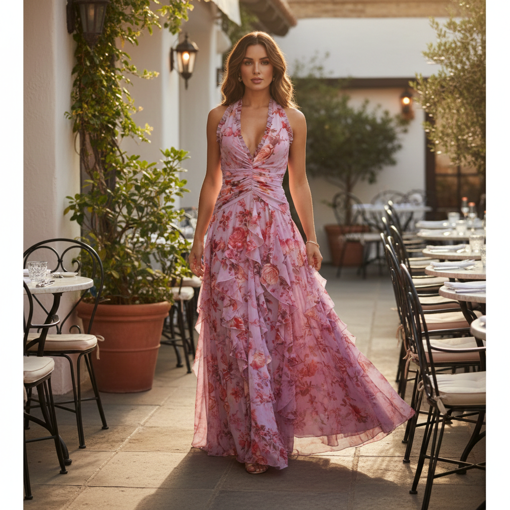 Women's Maxi Wedding Guest Dress | Floral Halterneck & Ruffle Skirt