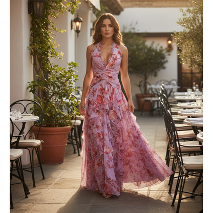 Women's Maxi Wedding Guest Dress | Floral Halterneck & Ruffle Skirt