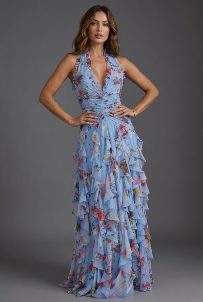 Women's Maxi Wedding Guest Dress | Floral Halterneck & Ruffle Skirt