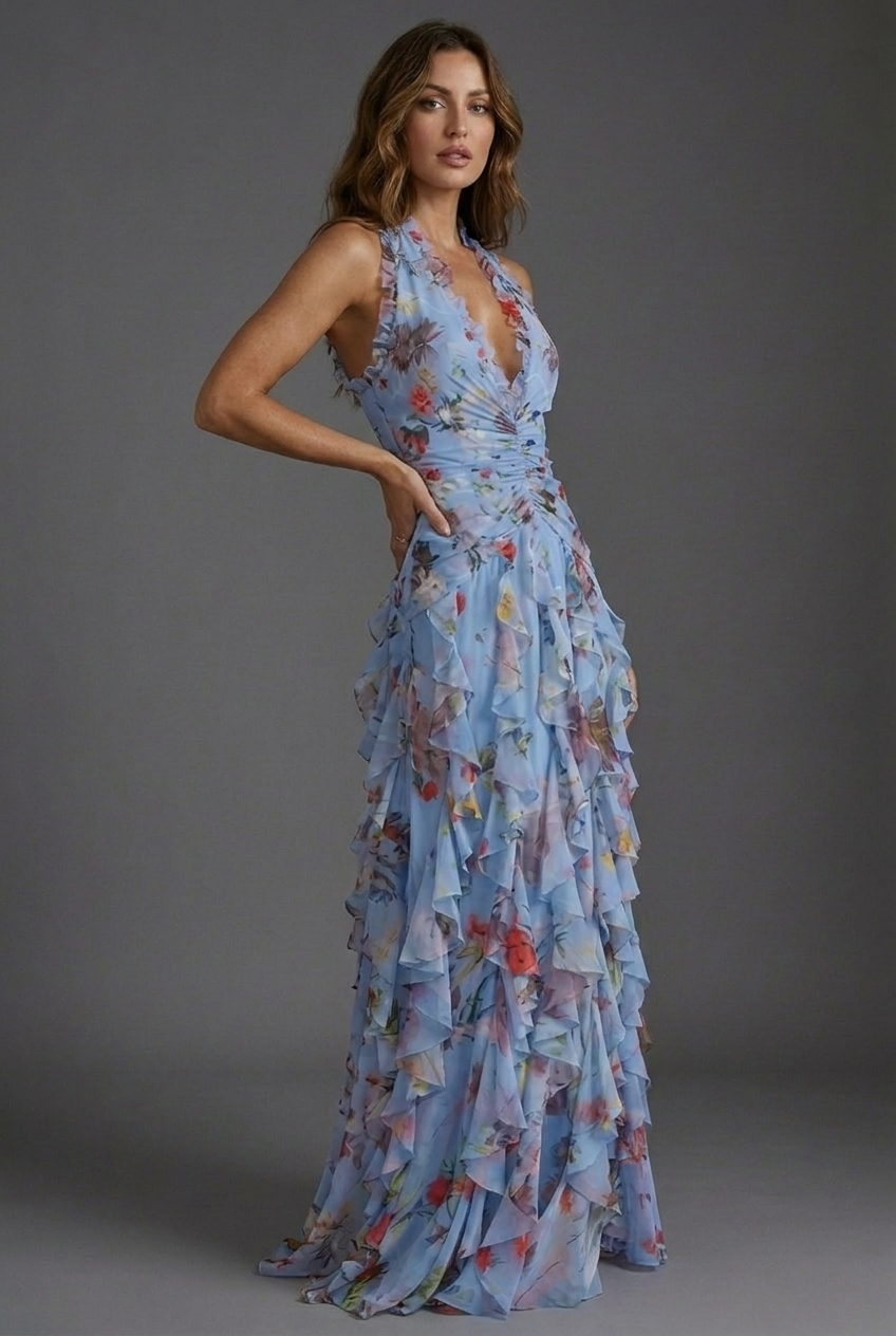 Women's Maxi Wedding Guest Dress | Floral Halterneck & Ruffle Skirt