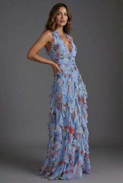 Women's Maxi Wedding Guest Dress | Floral Halterneck & Ruffle Skirt