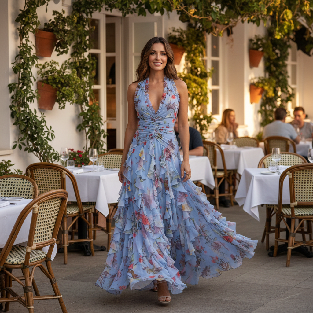 Women's Maxi Wedding Guest Dress | Floral Halterneck & Ruffle Skirt