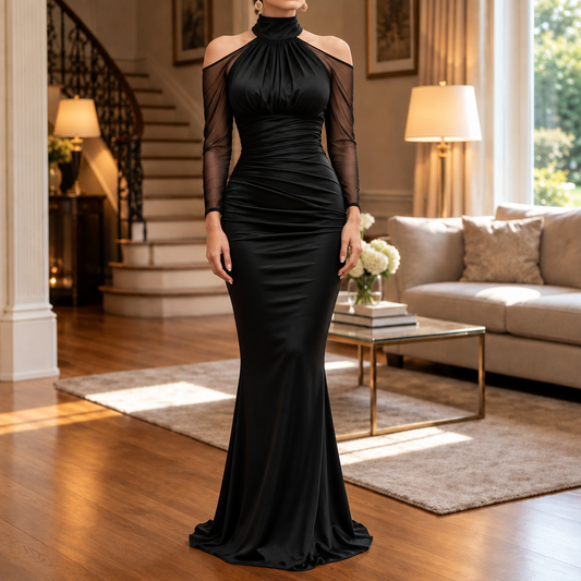 Women's Mermaid Evening Gown | Cold-Shoulder & Sheer Sleeves