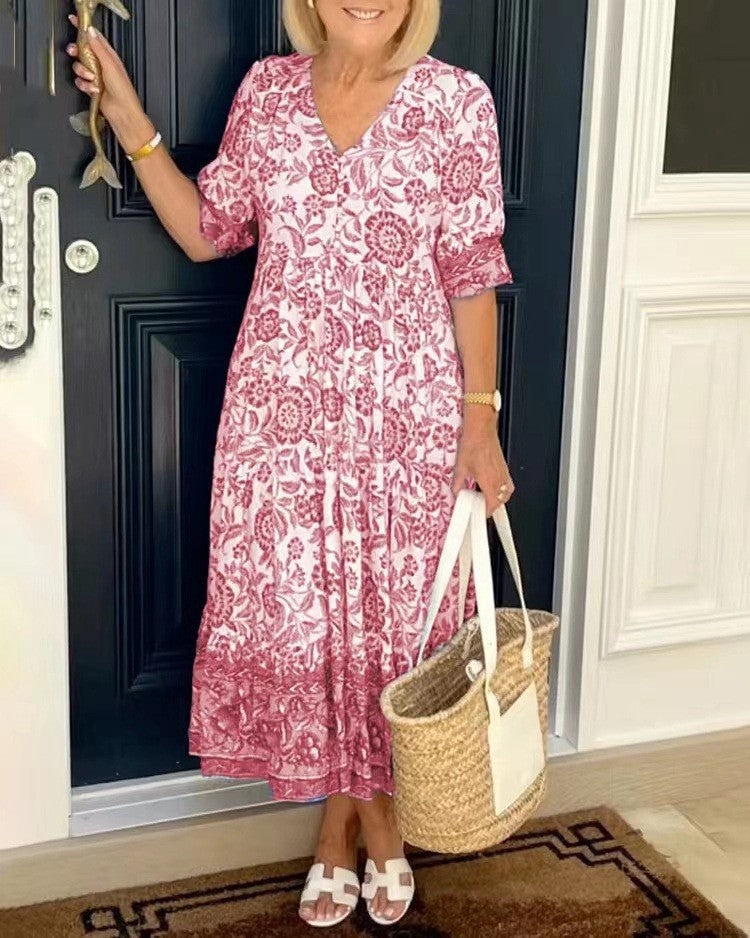 Women's Midi Dress | Floral Print & V-Neck
