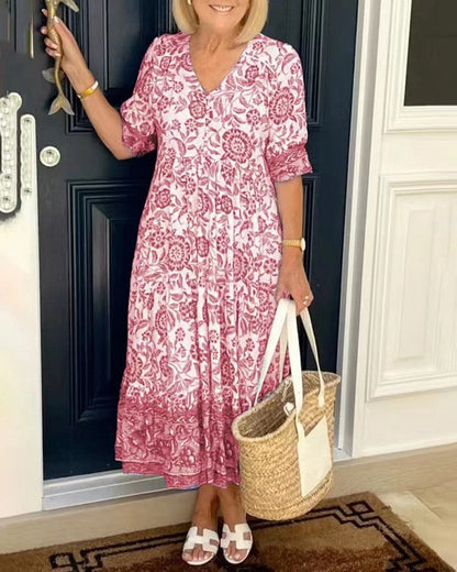 Women's Midi Dress | Floral Print & V-Neck