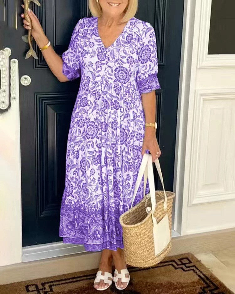 Women's Midi Dress | Floral Print & V-Neck
