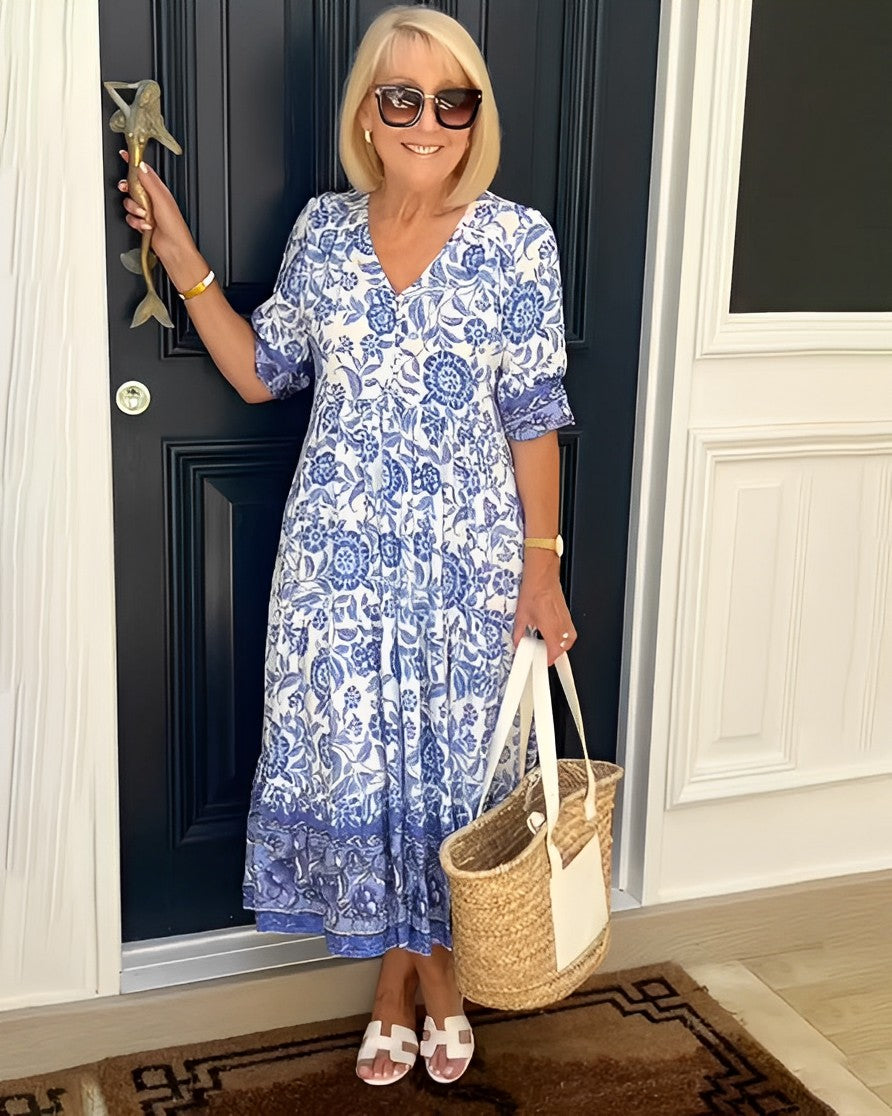 Women's Midi Dress | Floral Print & V-Neck