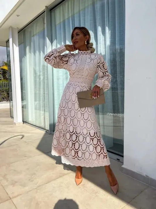 Women's Midi Dress | High Neck & Puff Sleeves