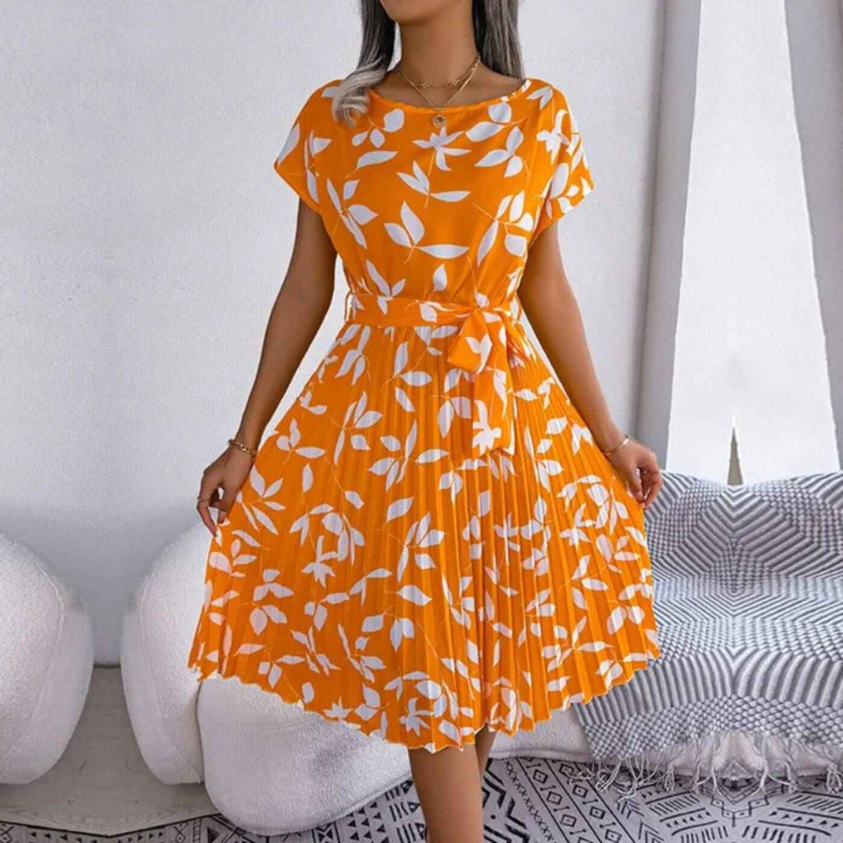 Women's Midi Dress | Pleated Belted Floral Print
