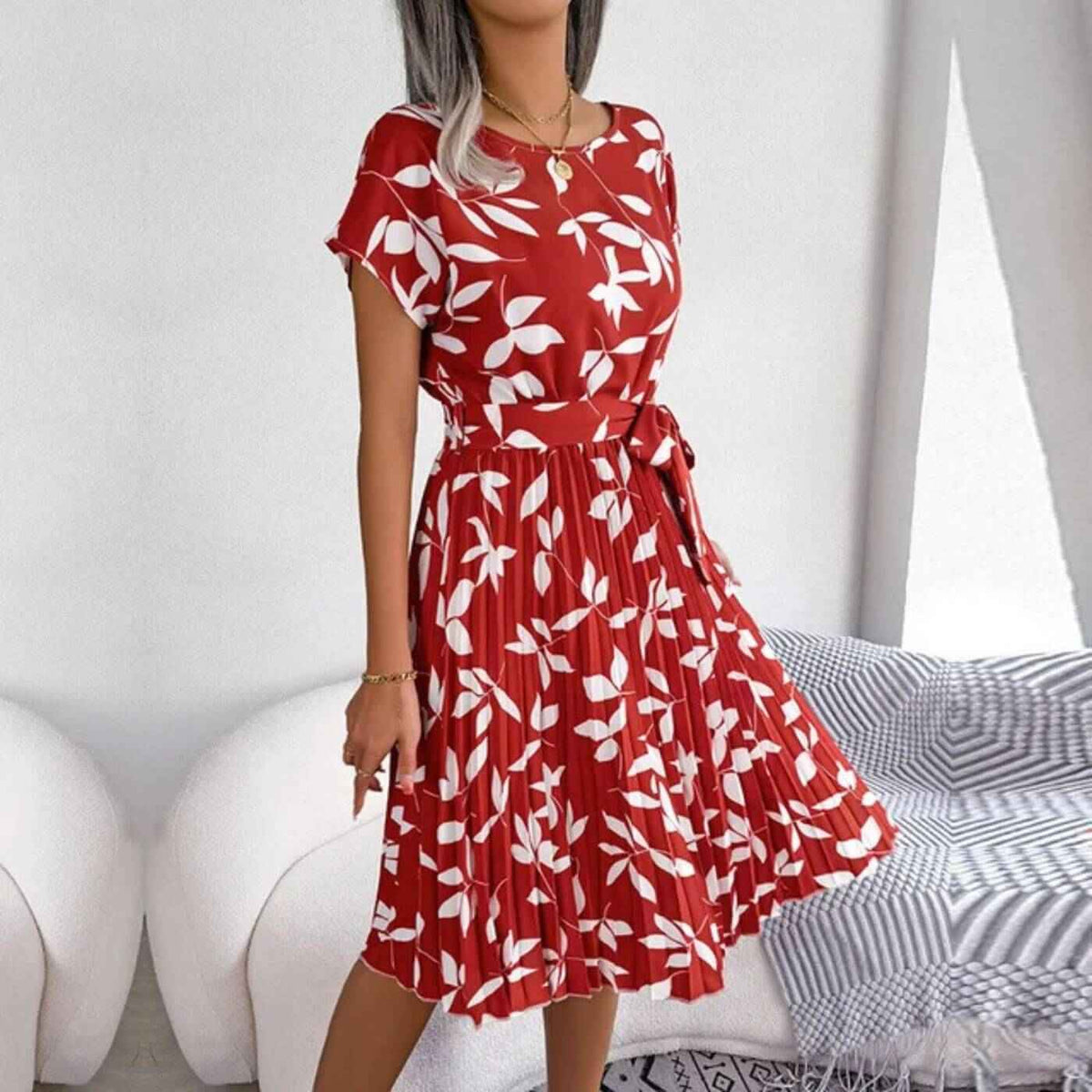 Women's Midi Dress | Pleated Belted Floral Print