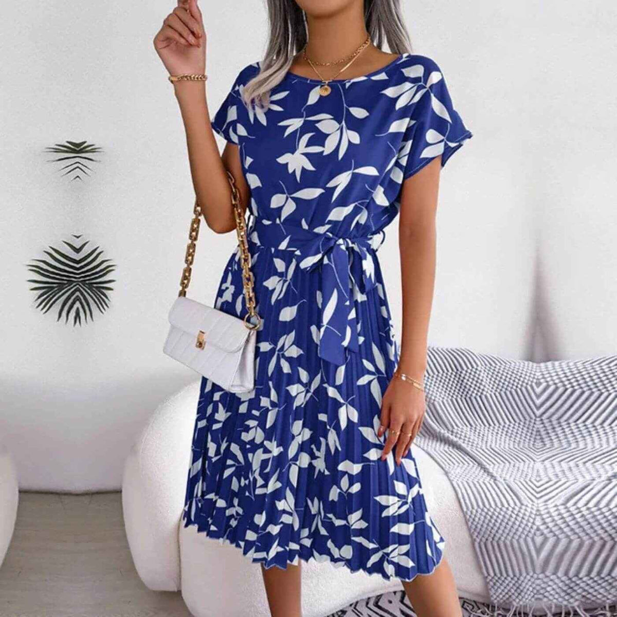Women's Midi Dress | Pleated Belted Floral Print