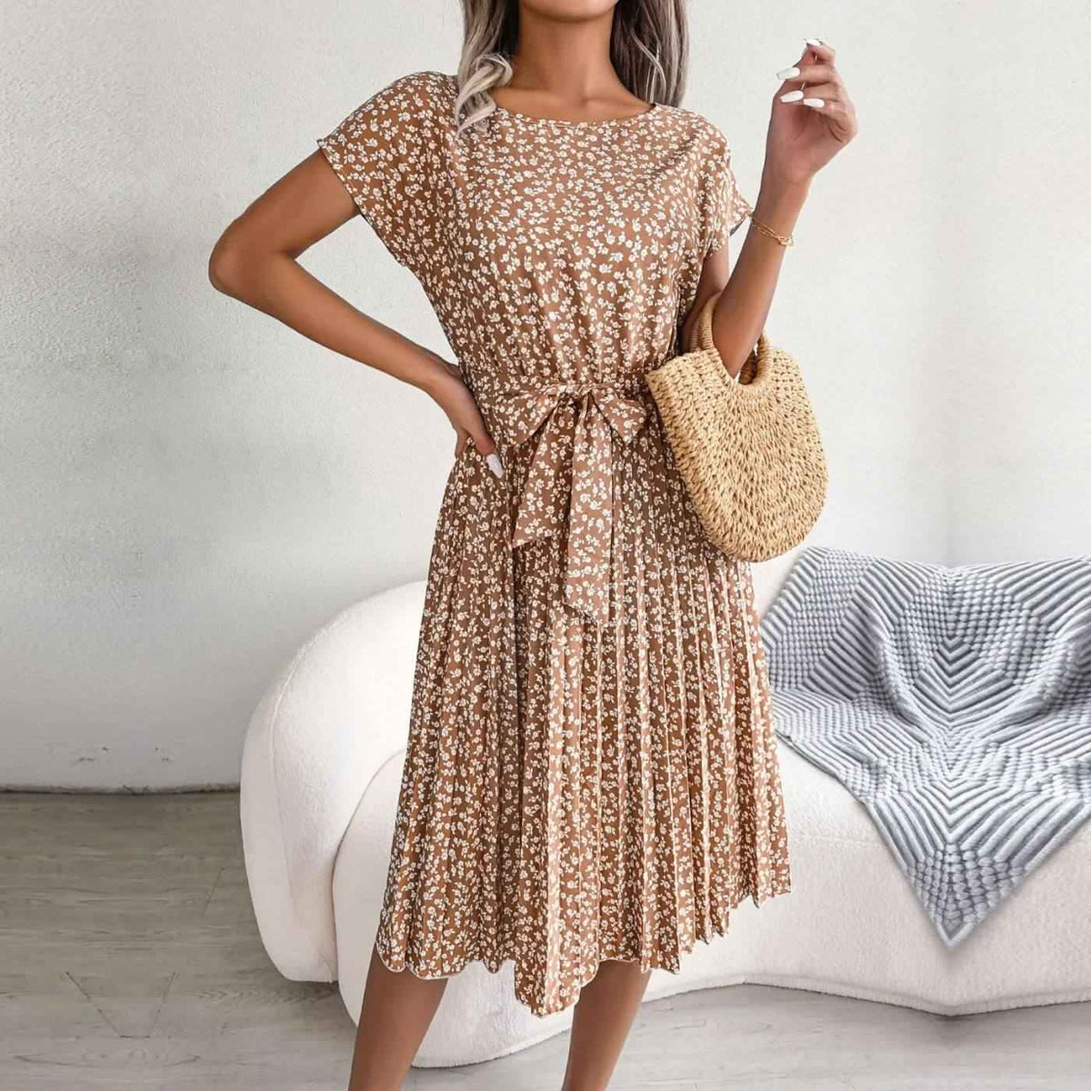 Women's Midi Dress | Pleated Belted Floral Print
