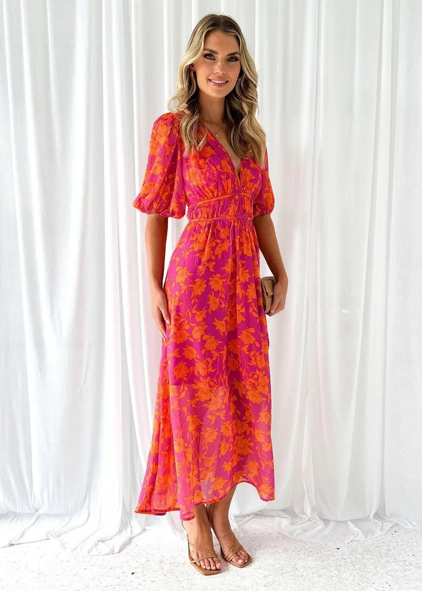 Women's Midi Dress | V-Neck & Puff Sleeve