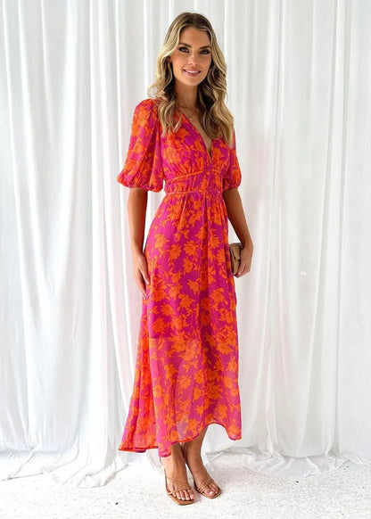 Women's Midi Dress | V-Neck & Puff Sleeve